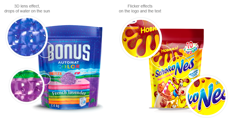 3D lens and flicker effects on web packaging