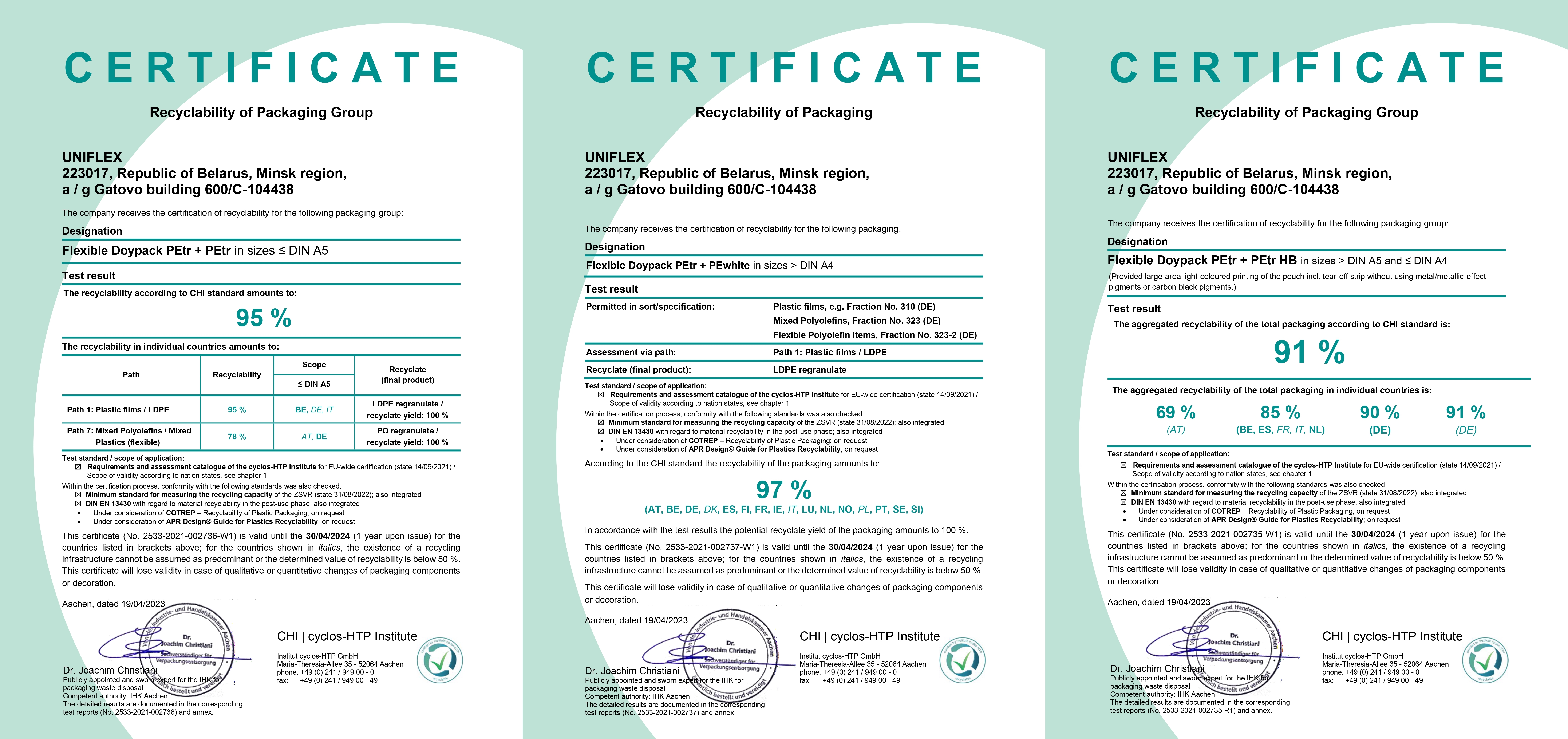 Monostructural PE packaging Uniflex has successfully passed the recertification of the Institute cyclos-HTP GmbH - 1
